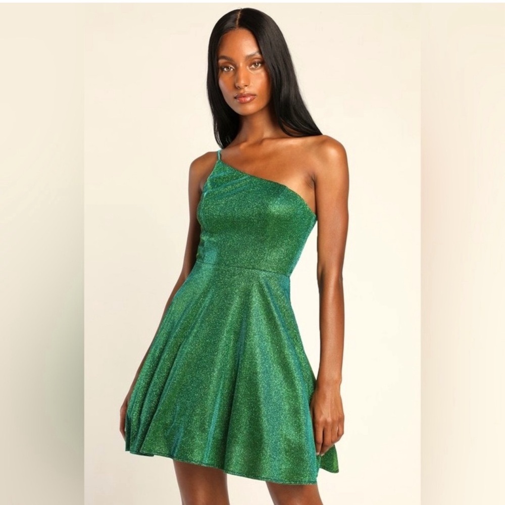 Lulu’s Disco Dreaming Shiny Green One-Shoulder A-Line Mini Dress New With Tags
